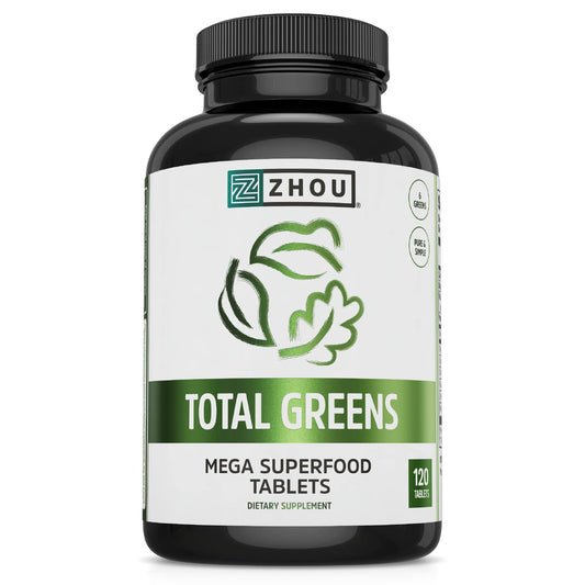 Zhou Total Greens hero image showing bottle and tablets