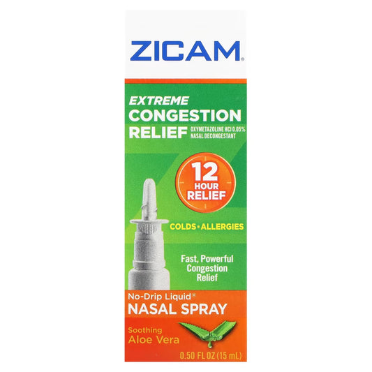 Zicam Extreme Congestion Relief bottle for quick nasal relief with aloe vera.