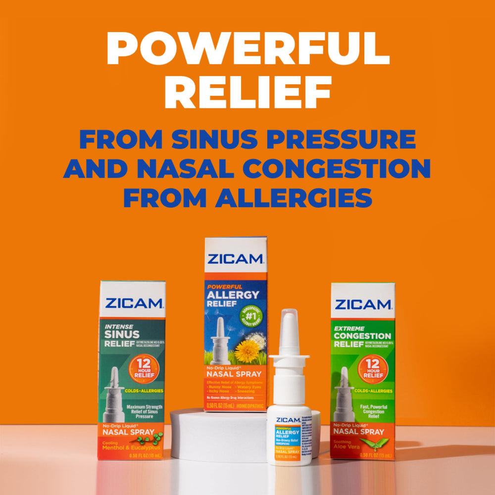 Zicam No Drip nasal spray application shows mess-free, quick-use during pollen season.