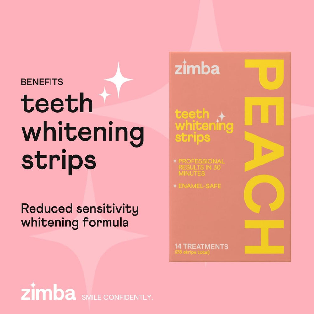 Whitening strips adhered to teeth