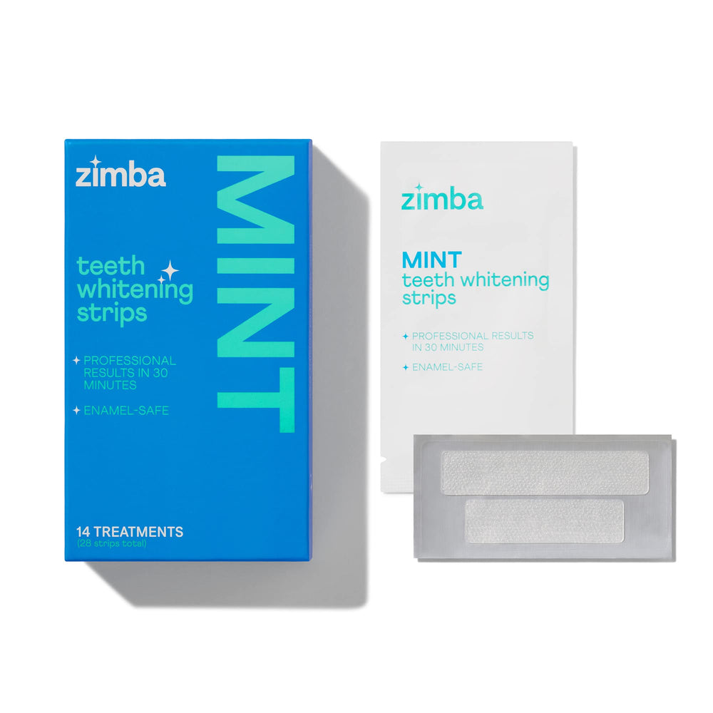 Zimba whitening strips packaging and strips ready for use