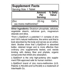 Zinc supplement dosage panel and ingredients information