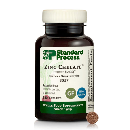 Bottle of Standard Process Zinc Chelate with label facing forward
