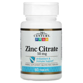 Front view of 21st Century HealthCare Zinc Citrate Tablets bottle, 50mg, 60-count