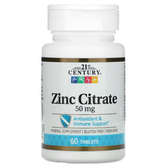 Front view of 21st Century HealthCare Zinc Citrate Tablets bottle, 50mg, 60-count