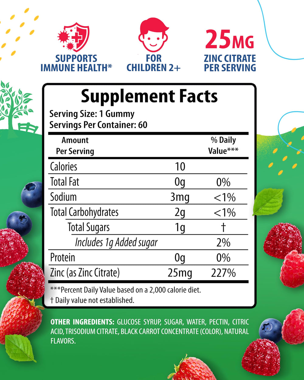 Close-up of berry flavored zinc gummies for children