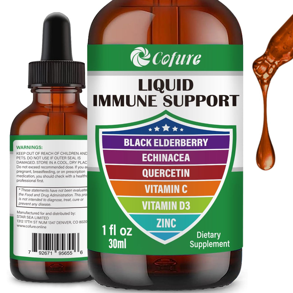 Bottle of Zinc Quercetin Vitamin C D3 Liquid Immune Support with Elderberry and Echinacea