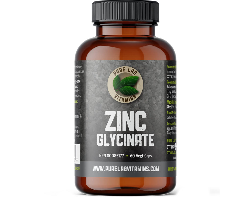 Bottle of Zinc Glycinate 23 mg 60 vegan caps by Pure Lab Vitamins, made in Canada