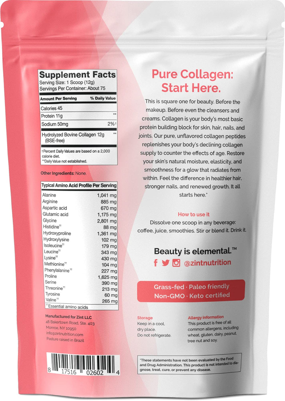 Zint Collagen Peptides Powder lab-tested seal on tub underscores purity.