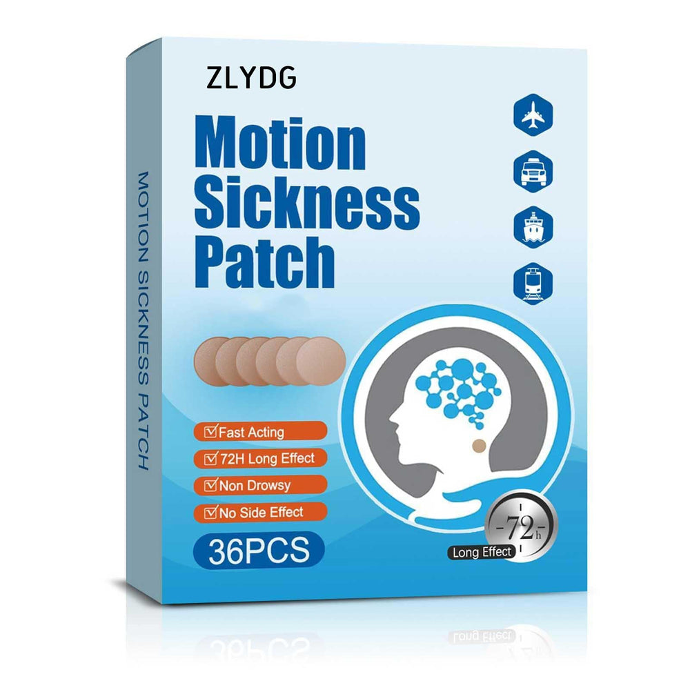 ZLYDG Motion Sickness Patch box front showing 36 patches for travel comfort