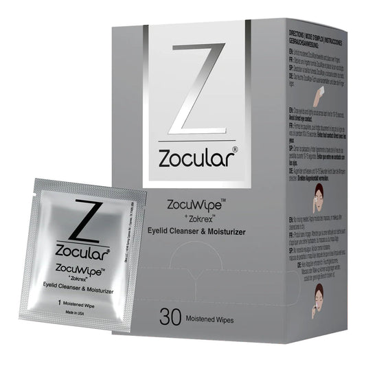 Zocular Zocuwipe eyelid wipes in packaging offer convenient on-the-go eyelid cleansing.