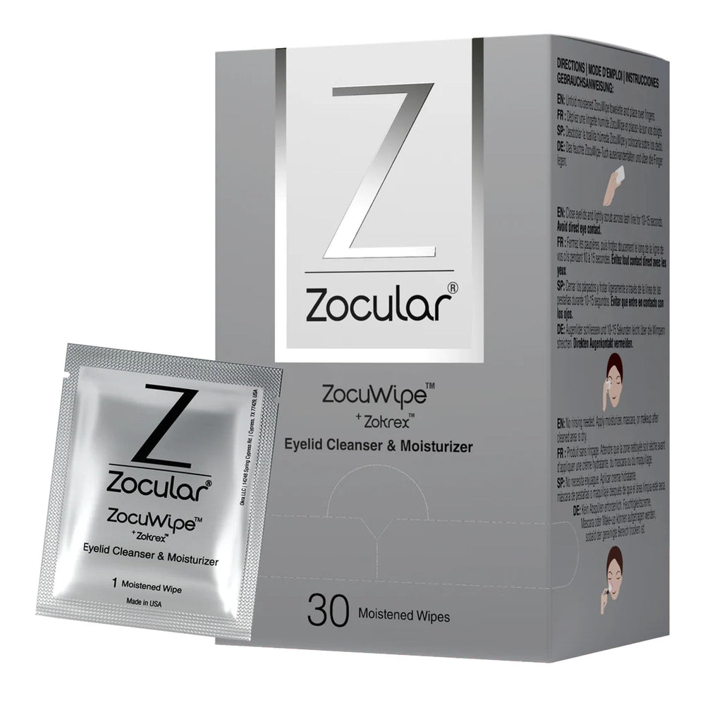 Zocular Zocuwipe eyelid wipes packaging highlights a convenient 40-count box for on-the-go eyelid care