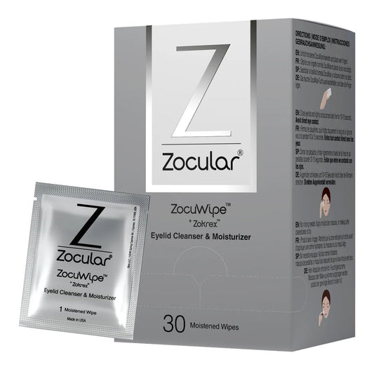 Zocular Zocuwipe eyelid wipes packaging highlights a convenient 40-count box for on-the-go eyelid care