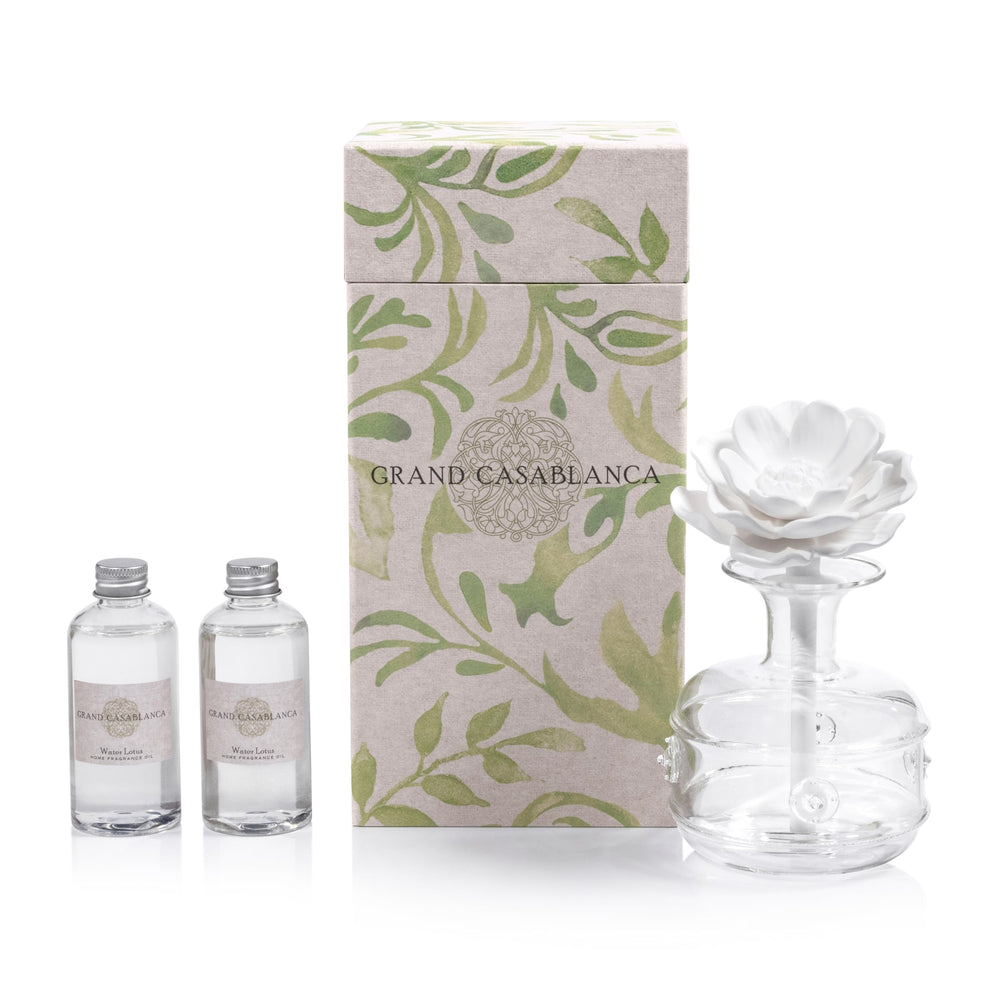 Zodax Grand Casablanca porcelain oil diffuser kit with glass bottle, porcelain flower, and oil