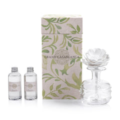 Zodax Grand Casablanca porcelain oil diffuser kit with glass bottle, porcelain flower, and oil
