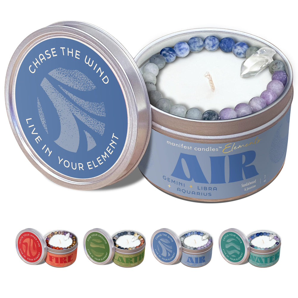 Close-up of Zodiac Air Candle showing its Aquarius, Gemini, and Libra branding