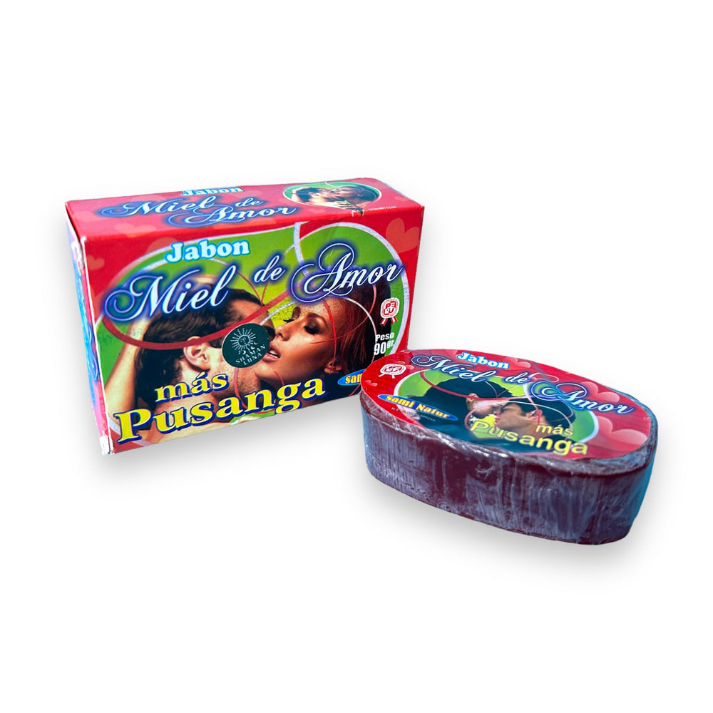 Ingredients highlight natural herbs and glycerin in Zoeartcrafts Pusanga Miel de Amor bar soap