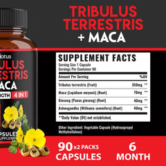 Graphic highlighting the 4-in-1 formula: Tribulus Terrestris, Panax Ginseng, Ashwagndha, Maca