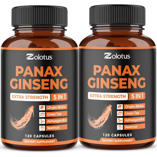 Product bottle front with Zolotus Korean Red Panax Ginseng, Ginkgo Biloba, Ashwagandha, Beetroot and Green Tea – 120 capsules pack of 2