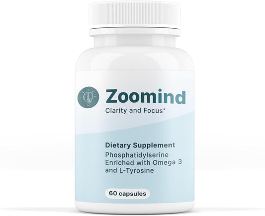 Zoomind dietary supplement bottle labeled for clarity and focus