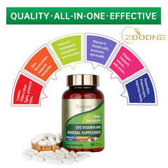 Close-up of Zooone ingredients including lutein, zeaxanthin, vitamins E and C, zinc and copper