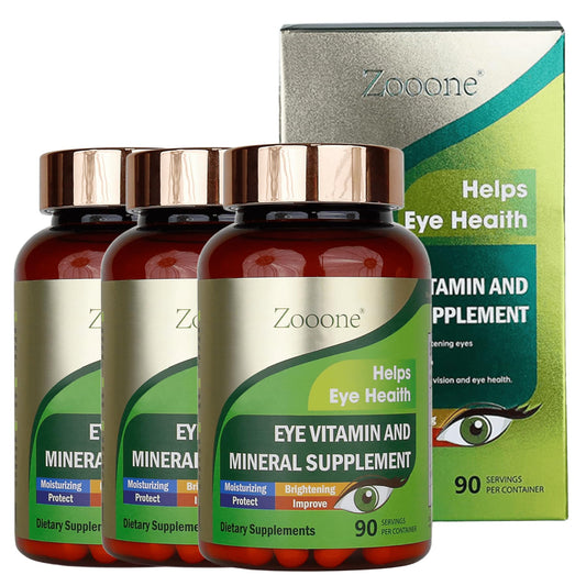Front view of Zooone Lutein Eye Vitamins bottle with 90 tablets, 3-pack