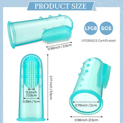 Multi-color finger toothbrushes in pink, green, blue, yellow with clear individual boxes