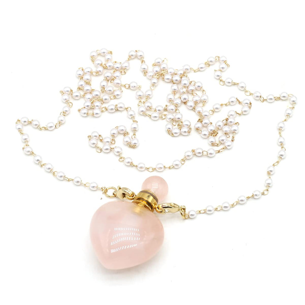 Zotoone rose quartz perfume bottle pendant on pearl bead chain for mindful wear.