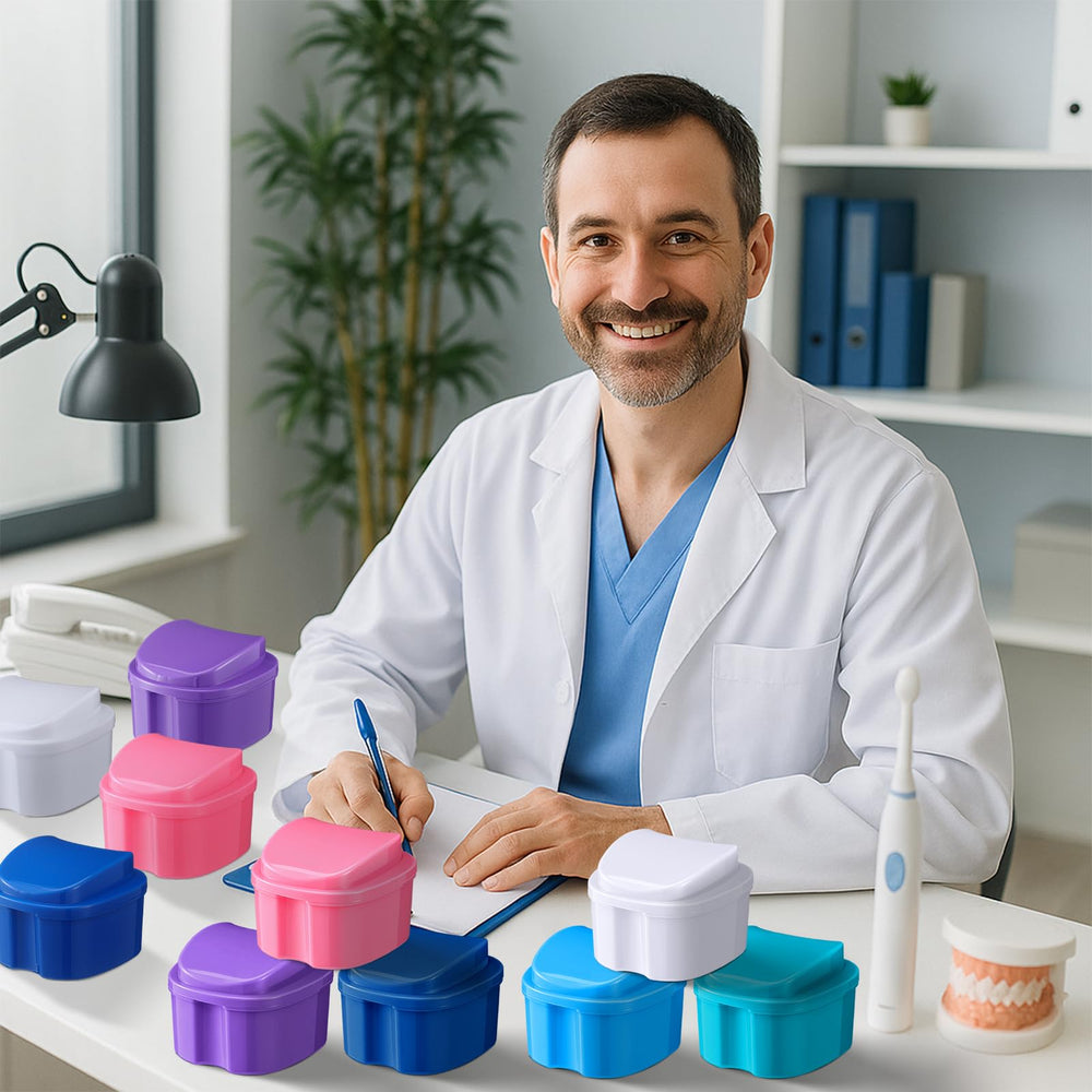 Zubebe denture case with drain basket for denture cleaning and travel