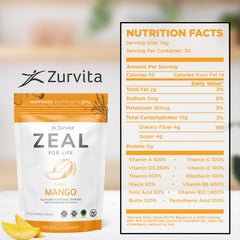 Zurvita Zeal for Life Mango scoop pouring into a glass for convenient daily use.