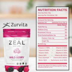Close-up of Zurvita Zeal Life Wild Berry Classic label on 420 g container