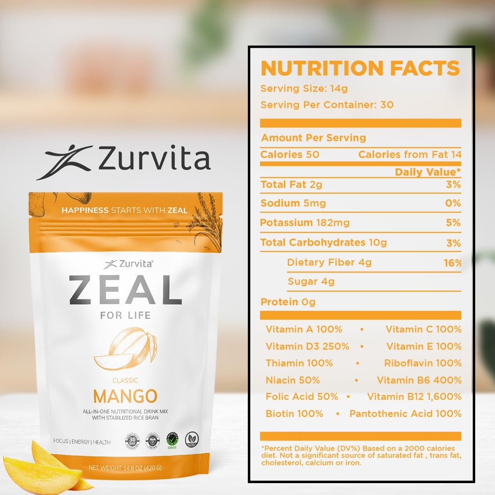 Nutrition facts and ingredients label for Zeal for Life Mango