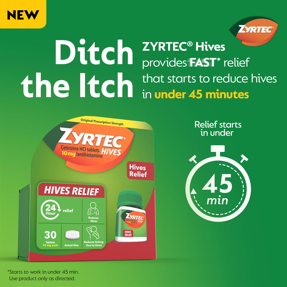 Zyrtec 24 Hour Hives Relief bottle showing 30 tablets for all-day relief.