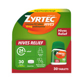 Zyrtec hives relief tablets front view for fast itching relief.