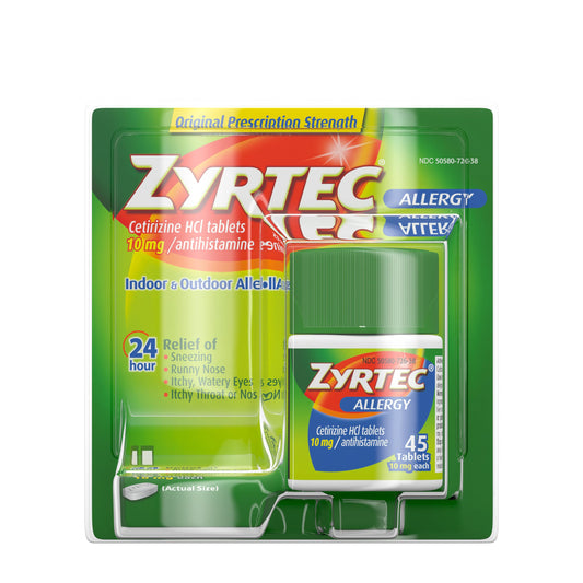 Zyrtec 24-hour allergy relief bottle front for indoor and outdoor symptoms