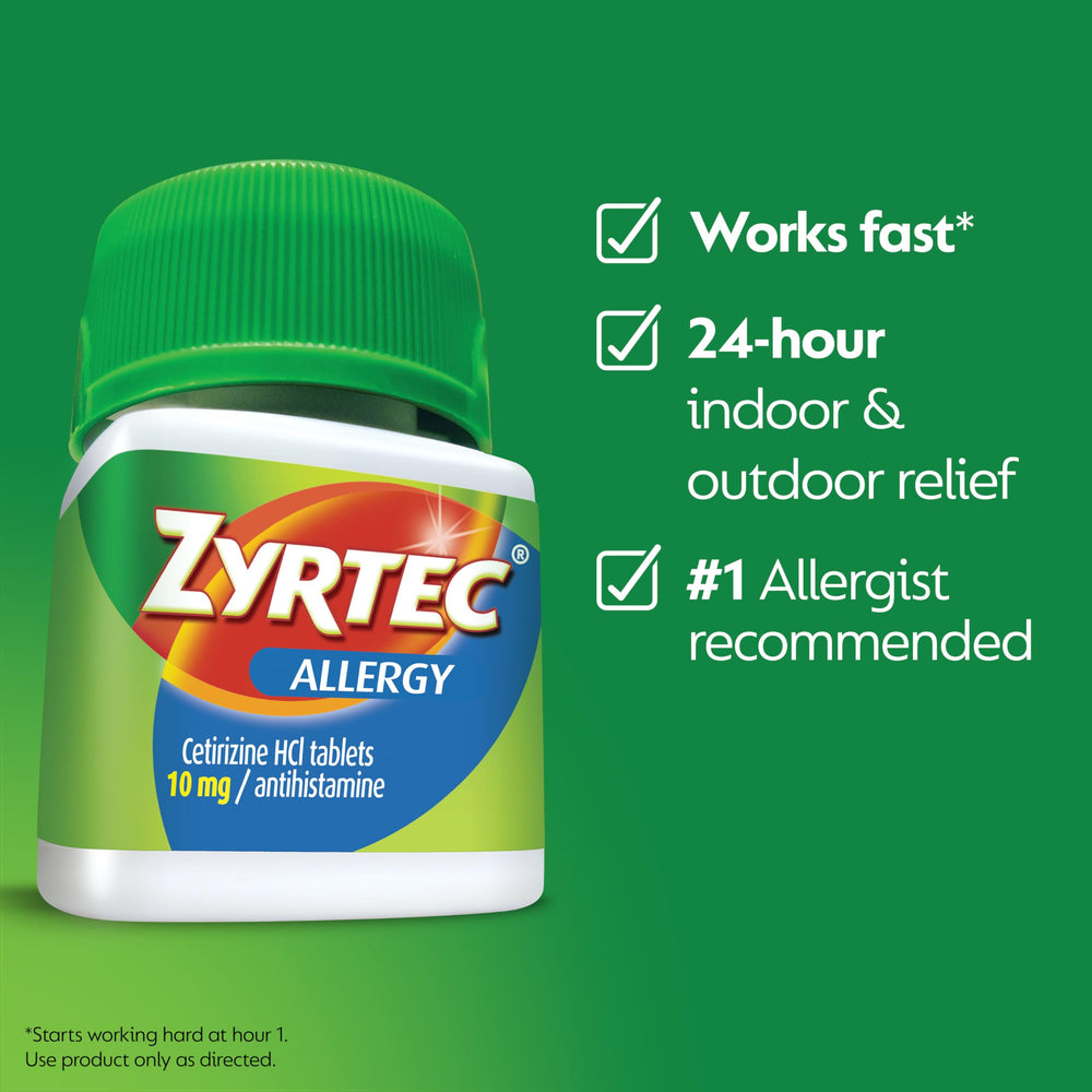 Dosing information on Zyrtec bottle highlighting once-daily schedule