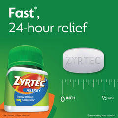 Zyrtec packaging featuring indoor allergens like dust and pet dander