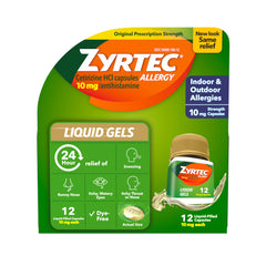 Zyrtec 24-hour allergy relief liquid gels bottle showing all-day relief benefits.