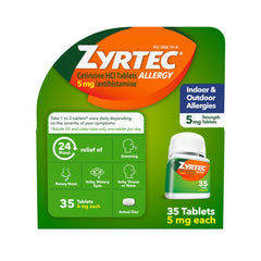Zyrtec bottle-35ct on shelf supports all-day allergy relief at home.