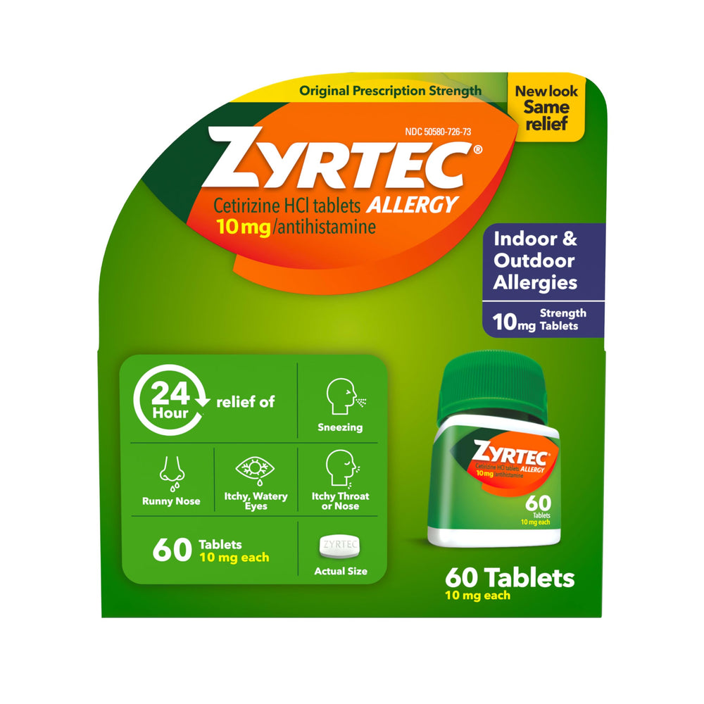 Zyrtec bottle 60-count offers all-day allergy relief for indoor and outdoor symptoms.