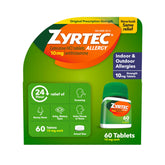 Zyrtec bottle 60-count offers all-day allergy relief for indoor and outdoor symptoms.