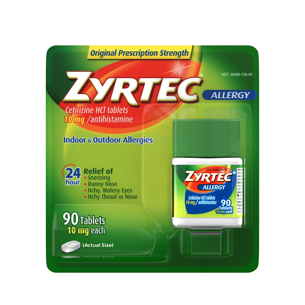 Zyrtec bottle front shows 90-count packaging for all-day allergy relief.