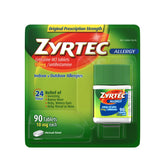 Zyrtec bottle front shows 90-count packaging for all-day allergy relief.