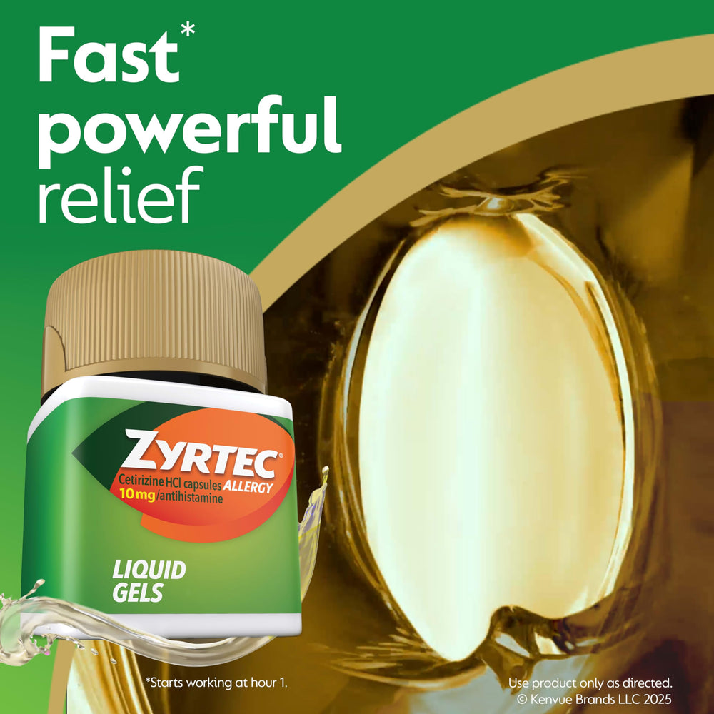 Zyrtec capsules being dispensed from bottle for easy daily dosing.
