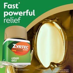 Zyrtec capsules being dispensed from bottle for easy daily dosing.