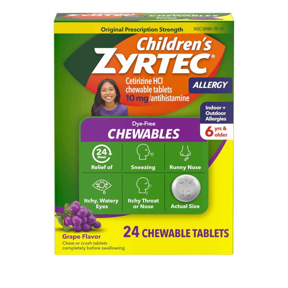 Zyrtec Children dye-free grape package offers easy on the go allergy relief.