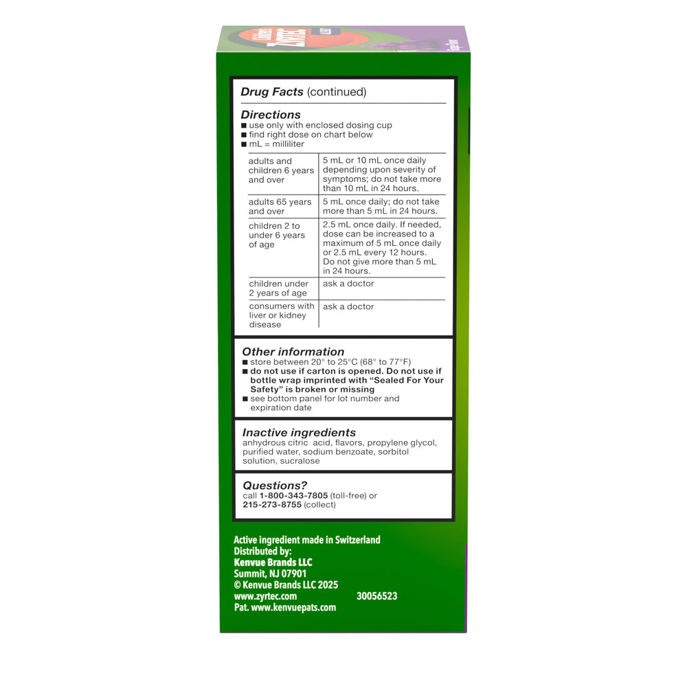 Zyrtec grape-flavored syrup bottle in family kitchen supports consistent daily dosing.