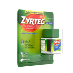 Zyrtec packaging label emphasizes 24-hour allergy support.