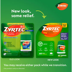 Zyrtec tablets close-up reveals 10 mg cetirizine HCl for fast relief.