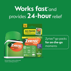 Zyrtec travel packs closeup for convenient, travel-friendly allergy relief